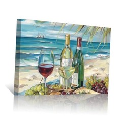 Coastal Canvas Wall Art Beach Picture Grapes and Wine Bottle 12″L x 18″W