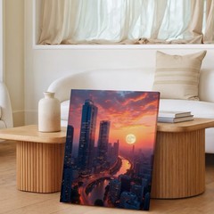 Cityscape Canvas Wall Art Sunset With Full Moon Modern Urban Night Skyline Print
