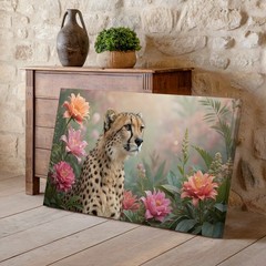 Cheetah in Soft Floral Garden Scene Canvas Wall Art Nature Wildlife Decoration