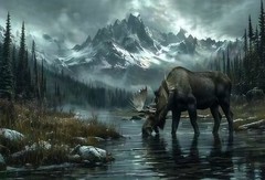 Majestic Moose in Misty Mountain Forest Canvas Wall Art – Rustic Nature Print