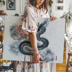 Wall Art Majestic Dragon Entwined Around A Blooming Lotus, Rendered In Fluid