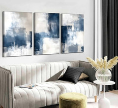 3 Pcs Navy Blue Abstract Canvas Wall Art Modern Minimalist Neutral Blue and Grey
