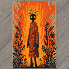 Art Print Fiery Figure In Patterned Robe Orange Black Surreal Autumn Flame