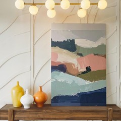 Modern Abstract Landscape Canvassoft Brushstrokes In Green, Pink, And Navy Wall