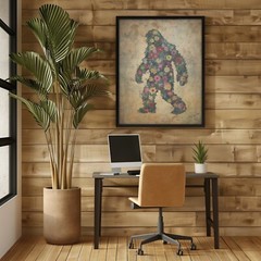 Vintage Sasquatch Flowers Wall Art, Bigfoot Floral Poster, Botanical Yeti Decor