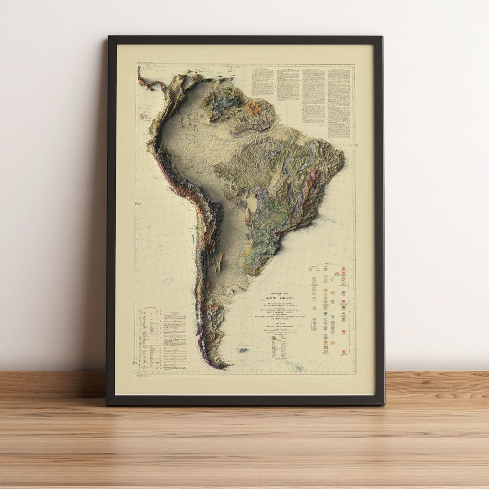 South America Relief Map, Geologica Vintage Map, Topographic Print – 2D Flat