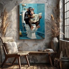 Funny Monkey Reading Newspaper Sitting On Toilet Humor Canvas Wall Art Print