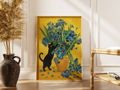 Black Cat Iris Poster, Blue Floral Oil Painting Wall Art Home Decor Gifts Prints