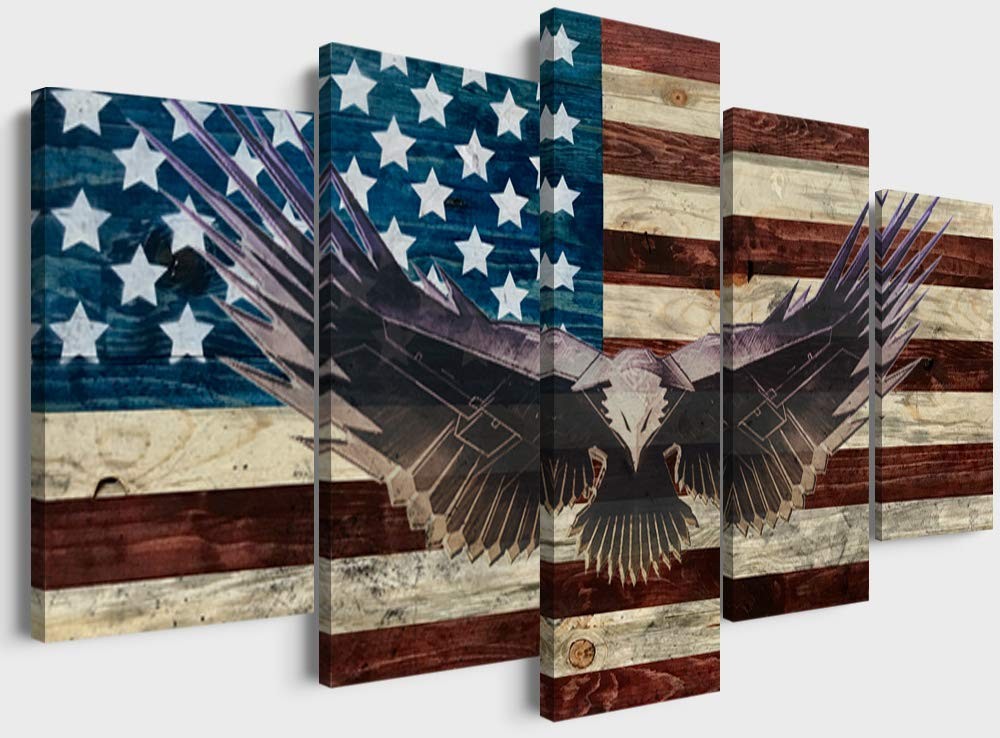 5-Panel Framed American Flag Canvas Wall Art with Bald Eagle & Wooden Frame -…
