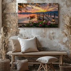 Sunset Lake Canvas Wall Art with Pier Boat Lanterns Flowers & String Lights