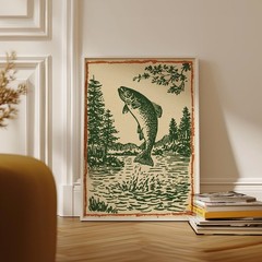 Vintage Trout Linocut Poster Rustic Lake House Fish Wall Art