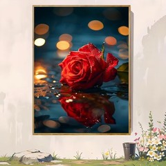 Framed Canvas Red Rose Water Reflection Bokeh Night Light Floral Decor
