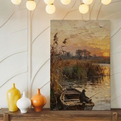 Rustic Fishing Boat Sunset Canvas Wall Art River Landscape Scene Print Art Print