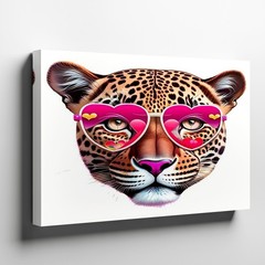 Leopard Face with Pink Heart Sunglasses Canvas Wall Art Animal Print Decor