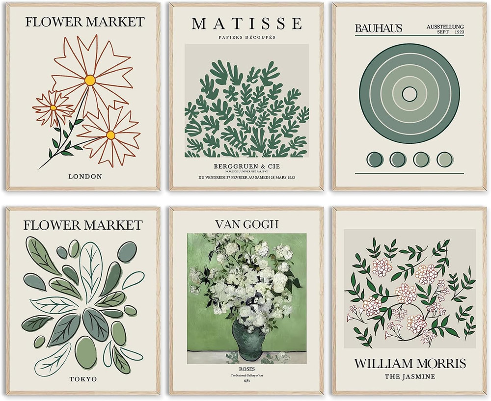 Minimalist Boho Wall Art Set of 6, Flower Market Prints, Neutral Sage Green Bota