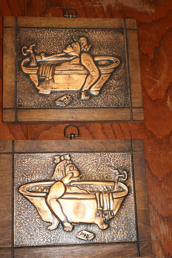 2 Vintage 3D Embossed Bathroom Humor Relief Copper Metal Picture Wall Art 8×10