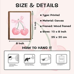 Pink Bows Heart Cherry Canvas Wall Art, Wood Framed Cute Trendy Coquette Prep…