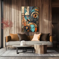 Abstract Art Deco Style Wall Art Print on Canvas Modern Gold Teal Copper Artwork