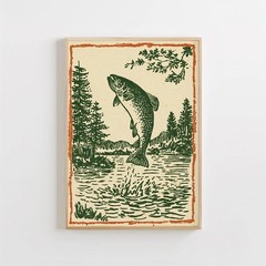 Vintage Trout Linocut Poster Rustic Lake House Fish Wall Art