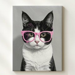 Pink Glasses Cat Canvas Minimalist Black & White Feline With Retro Charm Some