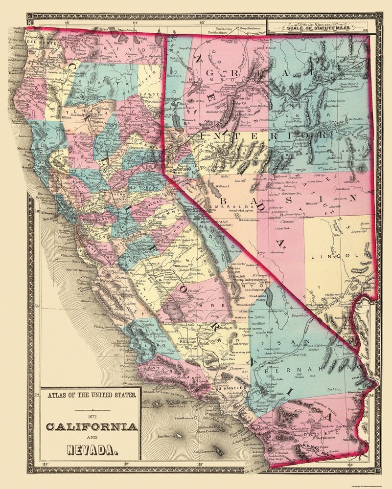 Historic State Map – California Nevada – 1872 – Vintage Wall Art