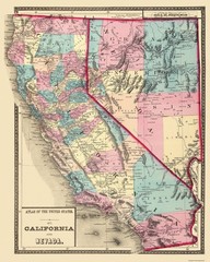 Historic State Map – California Nevada – 1872 – Vintage Wall Art