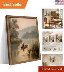Wood Framed Vintage Fishing Wall Art, Country Fisherman Landscape Canvas Wall…