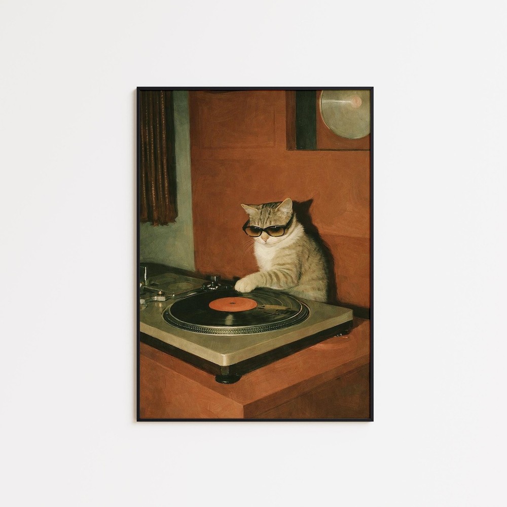 DJ Cat Vinyl Poster – Retro Turntable Music Wall Art, Funny Animal Poster