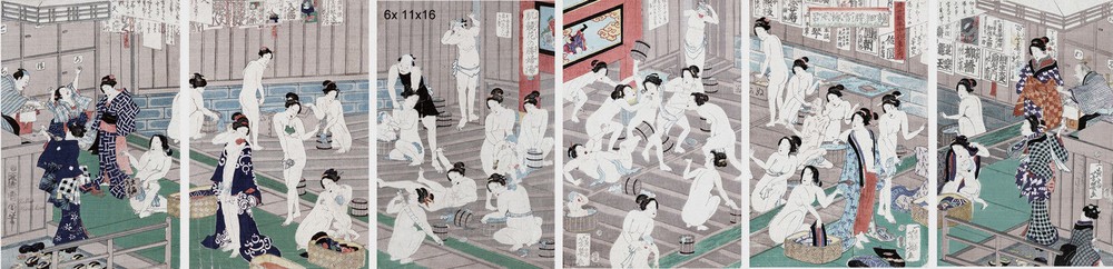 Set 6 x 11×16 Bathroom Decor Wall Art Prints – Women in Bathhouse Bathing Asian