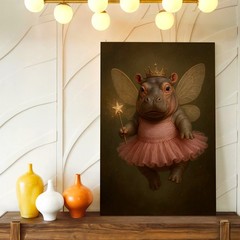 Wall Art Cute Fairy Hippo Princess Print Pink Tutu Crown Whimsical Animal Decor