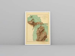 Michigan Map, Michigan 2D Relief Map, Michigan Vintage Map – 2D Flat Print