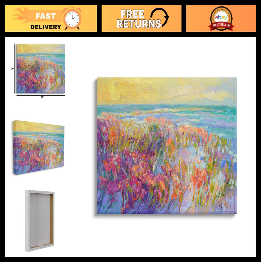 Modern Seaside Flower Meadow Canvas Art – Coastal Decor, Wall Hanging, Home Desi