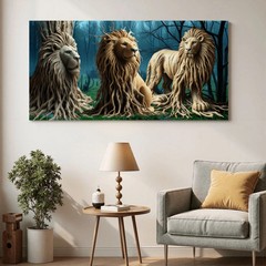 Large 60″X30″ Canvas Wall Art, Lions Made of Tree Roots, Oddities Print. (USA)