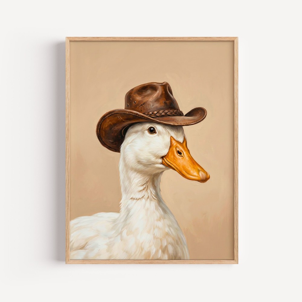 Funny Duck Wearing Cowboy Hat Canvas Print, Quirky Animal Portrait Painting