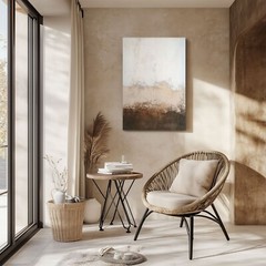Modern Minimalist Taupe Brown Cream Painting Print on Framed Canvas Wall Art