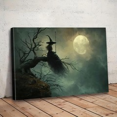 Witch On Dead Tree Full Moon Framed Canvas, Dark Gothic Halloween Spooky Wall