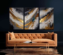 Grey and Gold Abstract Large 3-Panel Canvas Print, Home Decor Neutral Wall Art