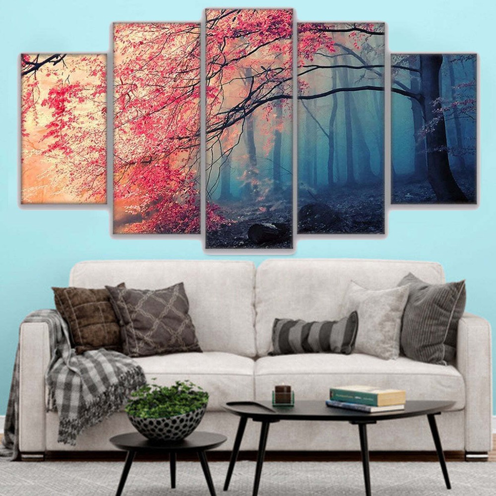 Cherry Tree Blossoms Forest Framed 5 Piece Panel Canvas Wall Art Print