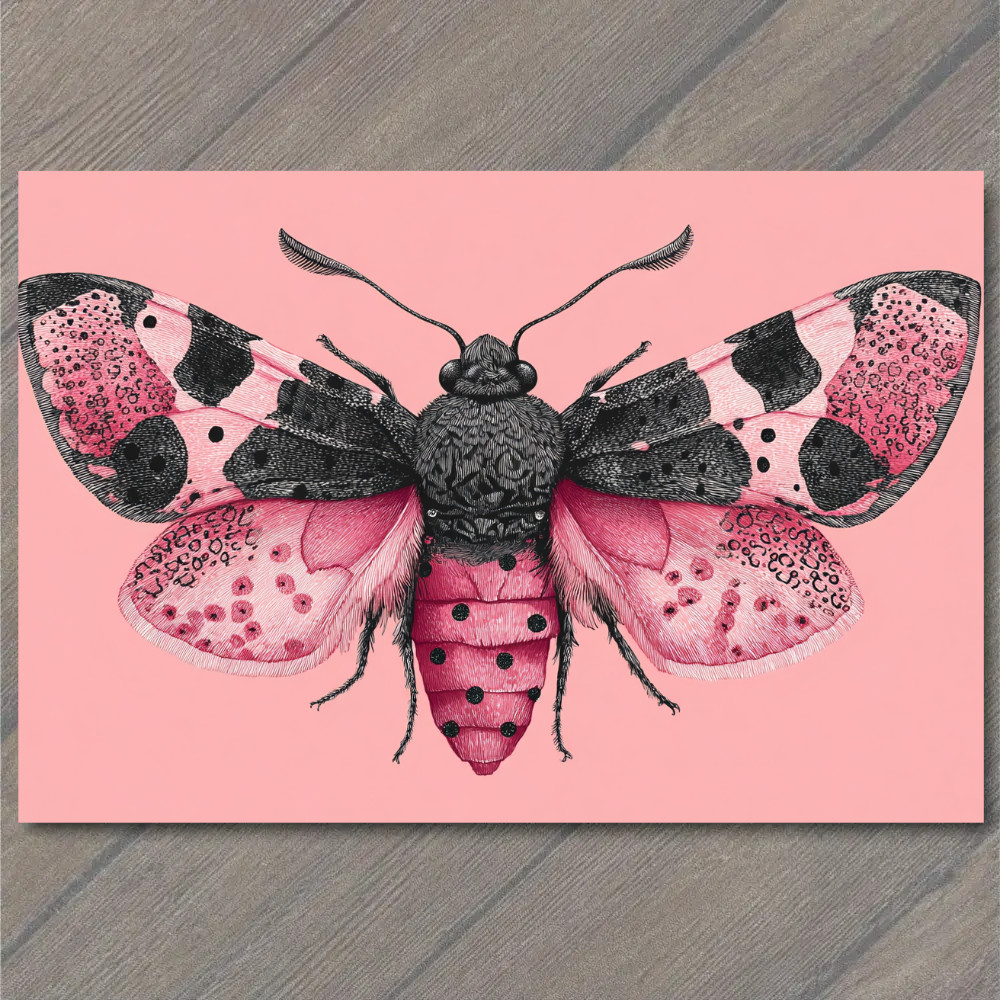 Art Print Pink Moth Insect Symmetry Black Pattern Wings Pastel Tone Pink