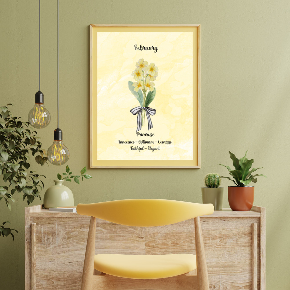 February Birth Flower Primrose Yellow Watercolor Print Decor Gift 8×10 UNFRAMED