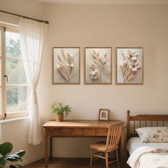 3Pcs Framed Wall Art Beige Wall Decor Living Room Canvas Art Botanical Pictur…