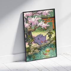 Gengar Cherry Blossom Poster Japanese Garden Koi Pond Print Anime Room Wall Art