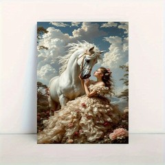 Framed Canvas White Horse Lady Floral Gown Cloud Romantic Oil Decor