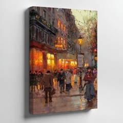 Vintage City Street Scene Canvas Wall Art Evening Lights Urban Landscape Print