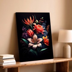 Wall Art Floral Bouquet Print Dark Background Orange Lily Peony Blue Flowers