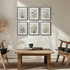 Framed Boho Vintage Botanical Wall Art, Set of 6 Black and White Floral Canvas P