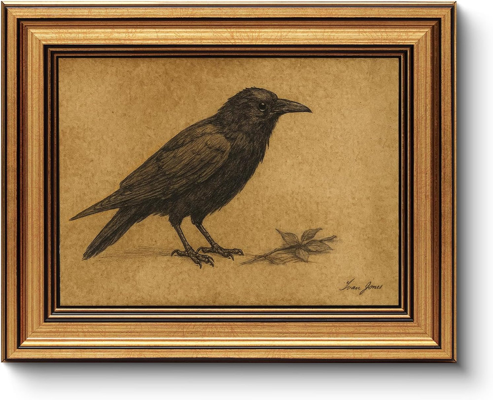 Gold Framed Wall Art for Living Room, Crow Painting Prints, Vintage Animal Wall