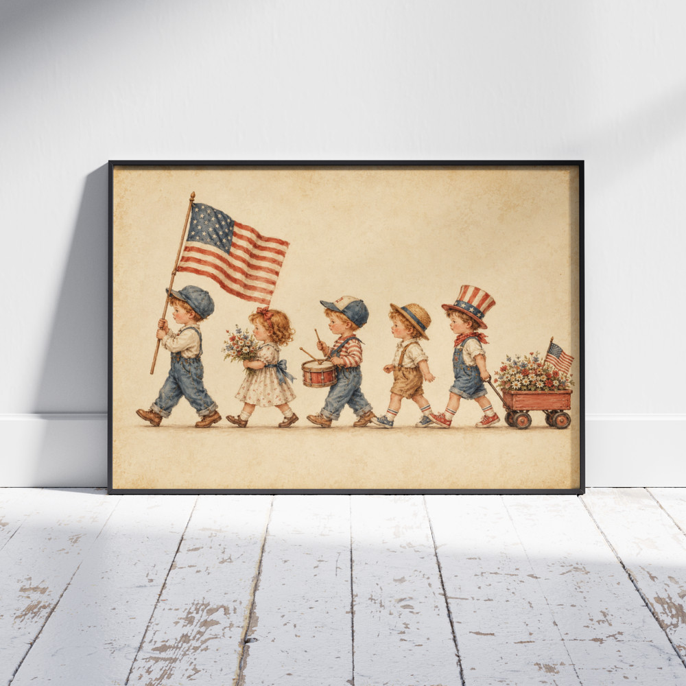 Patriotic 4th of July Kids Parade Poster Vintage American Flag Wall Art Print