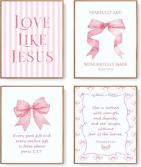 Pink Bow Christian Wall Art Posters Coquette Room Decor Bible Verse Prints 8×10