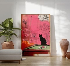 Retro Pink Cat Billiards Wall Art 24×36 Unframed Poster Family Gift